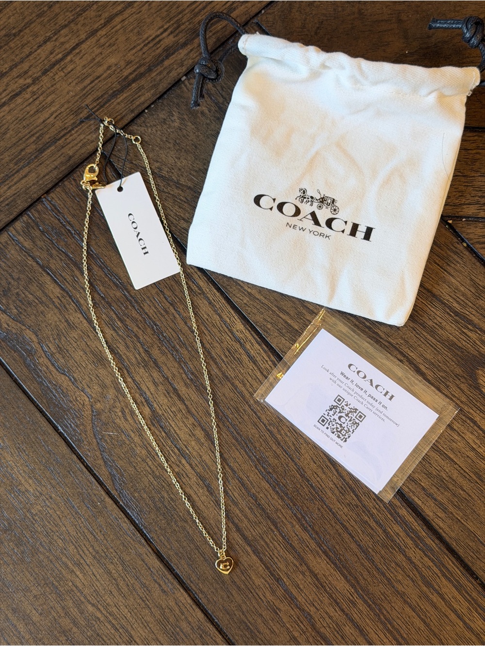 Coach Gold Heart Pendant Necklace with Branded Pouch